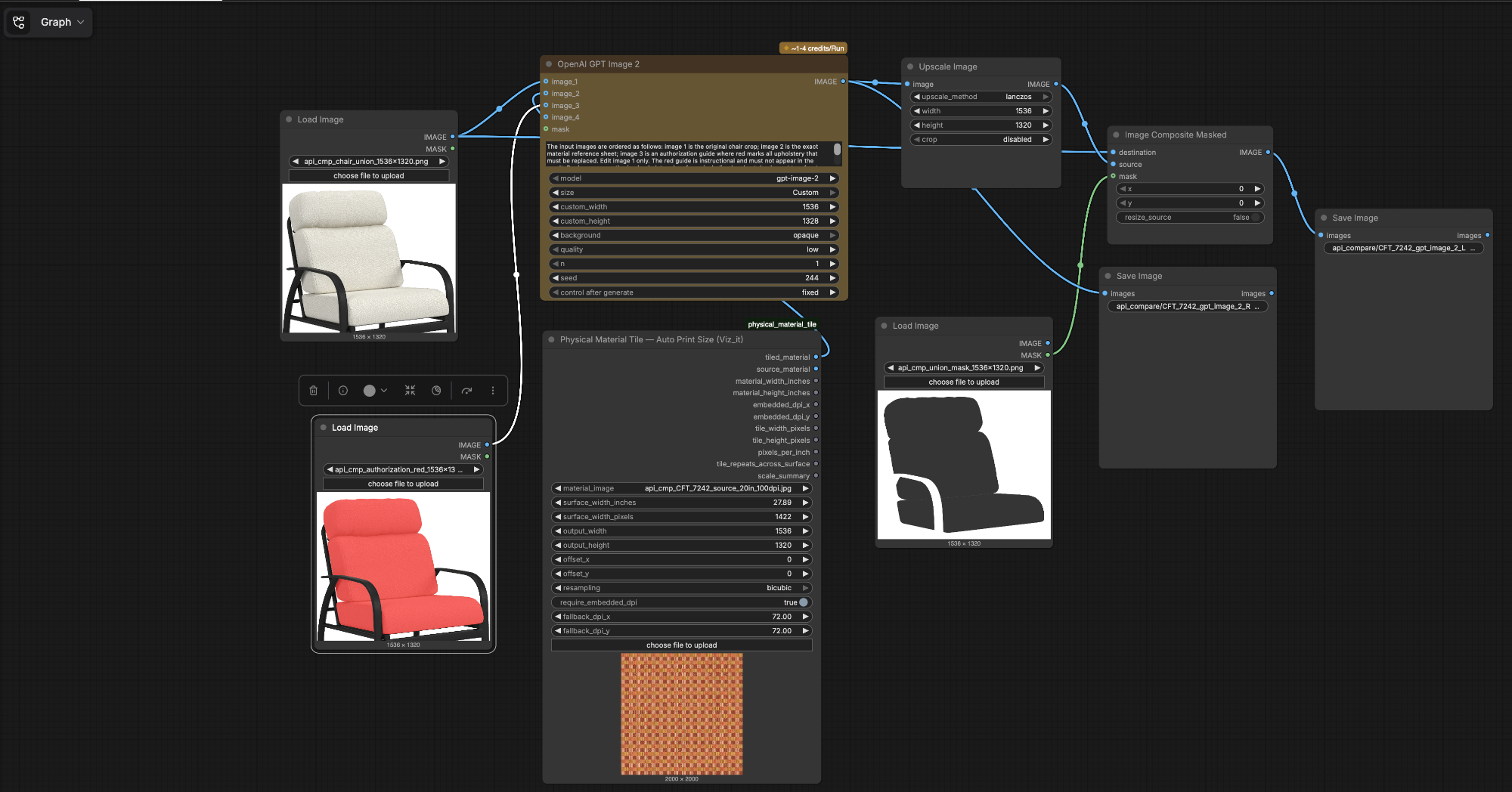 ComfyUI graph: Load Image nodes, OpenAI GPT Image 2, Physical Material Tile, Upscale Image, Image Composite Masked, Save Image