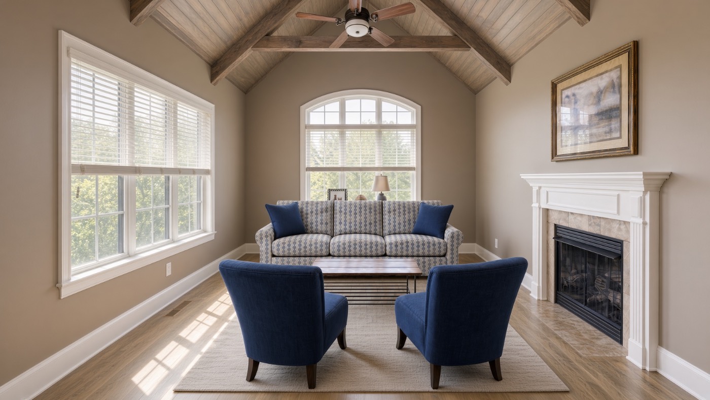 AI-generated living room with patterned sofa and navy accent chairs