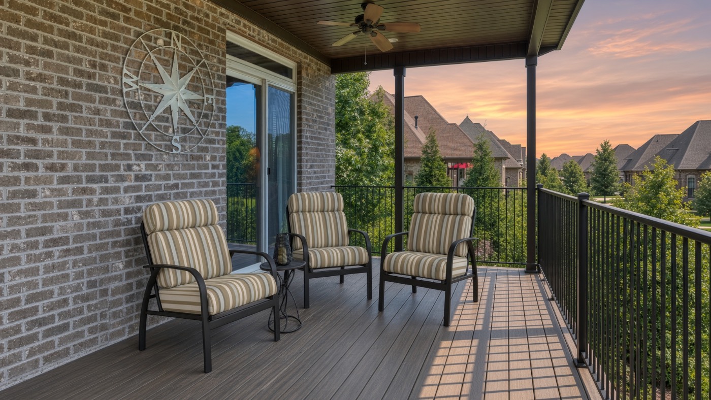 AI-generated covered back deck with striped outdoor chairs at sunset