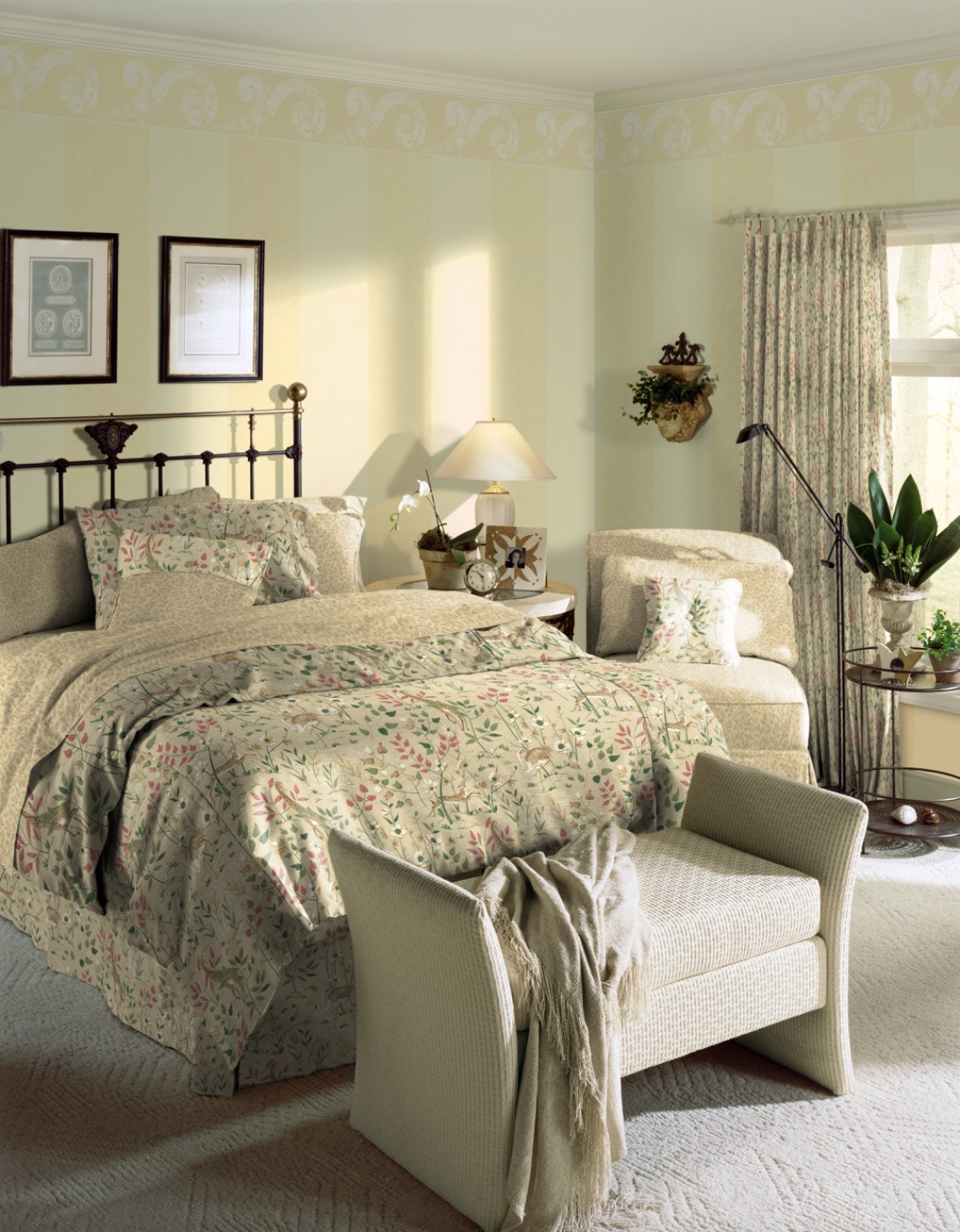 After: bedding, pillows and curtains re-dressed in a floral print