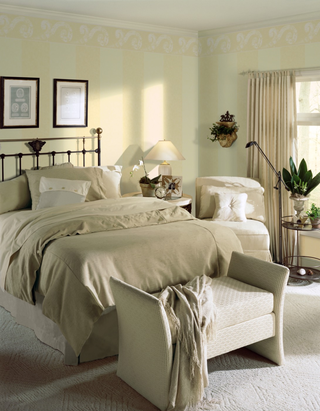 Before: bedroom with solid neutral bedding and plain curtains