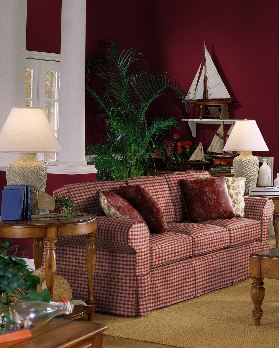After: sofa in red gingham against red walls