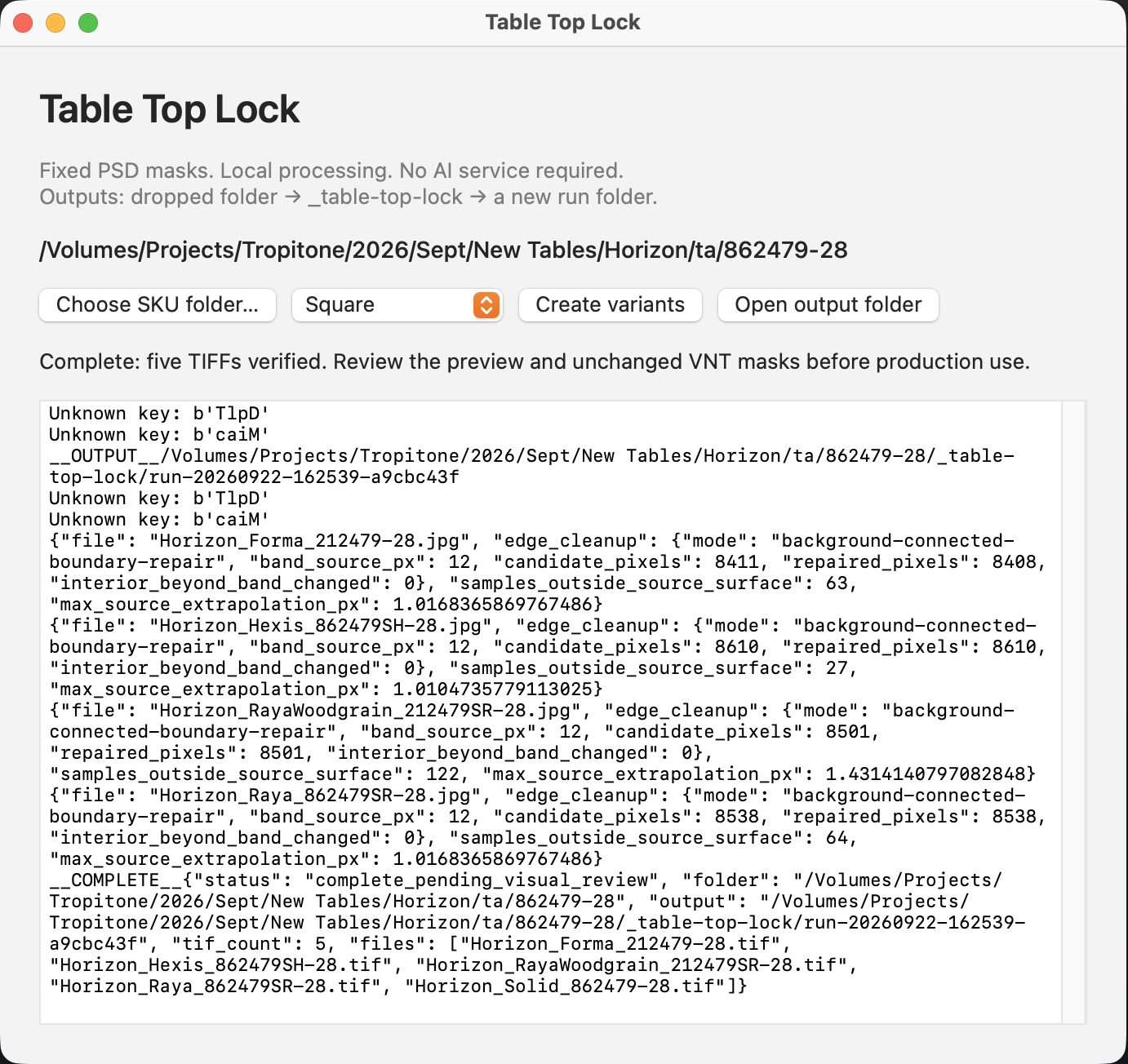 Table Top Lock app window showing a completed run with five TIFFs verified