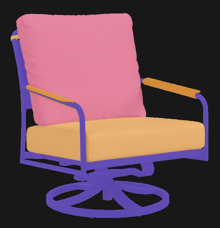 Chair with each alpha channel region tinted: frame violet, back cushion pink, seat and arm caps orange